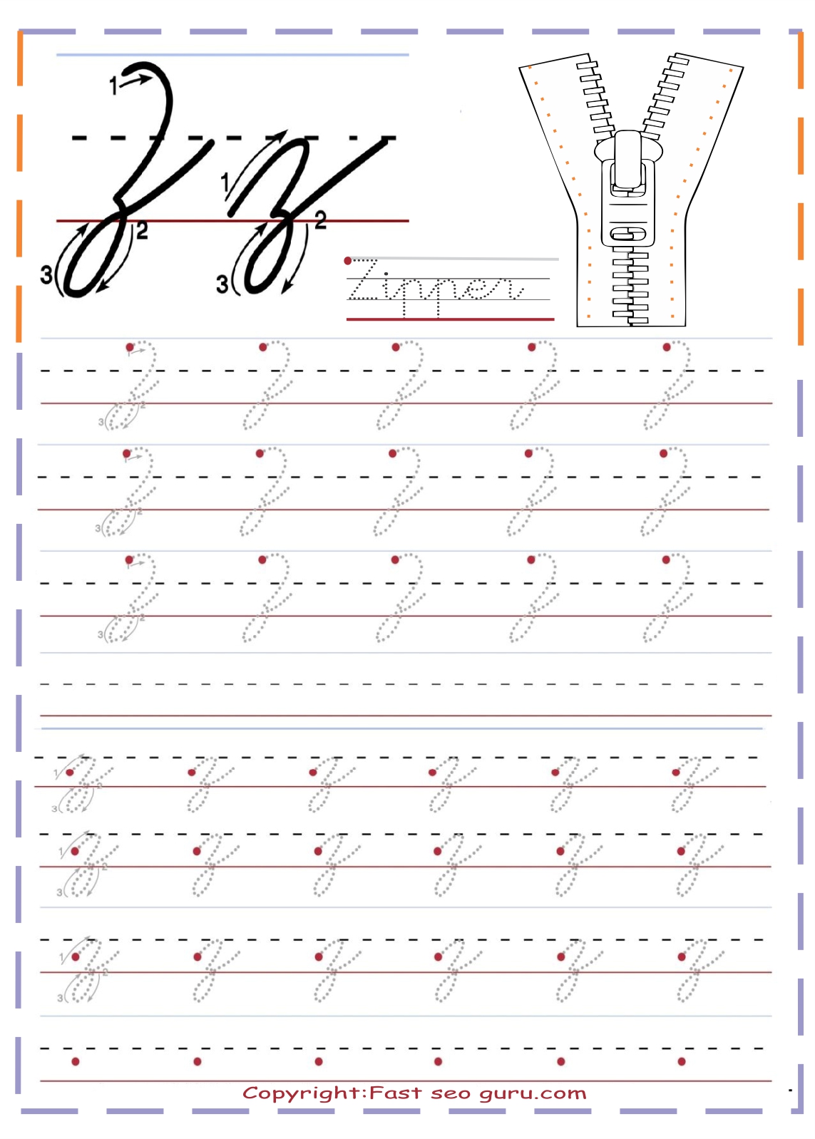 cursive handwriting tracing worksheets letter z for Zipper